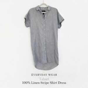 Tahari 100% Linen Stripe Shirt Dress Blue White Size S